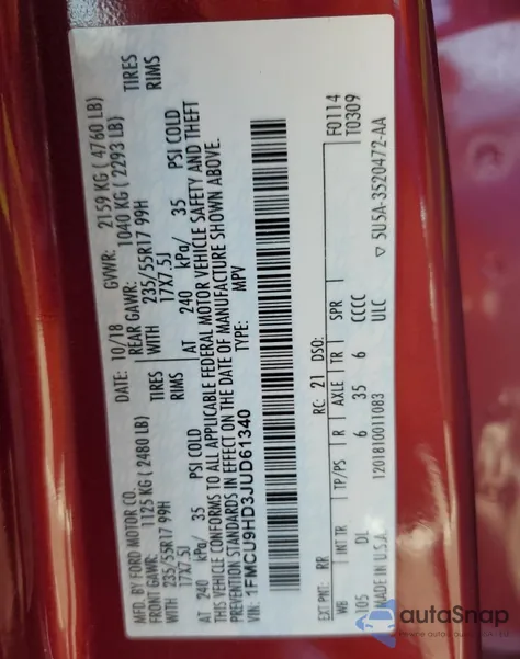 2018 Ford Escape Sel from USA, damaged, VIN 1FMCU9HD3JUD61340